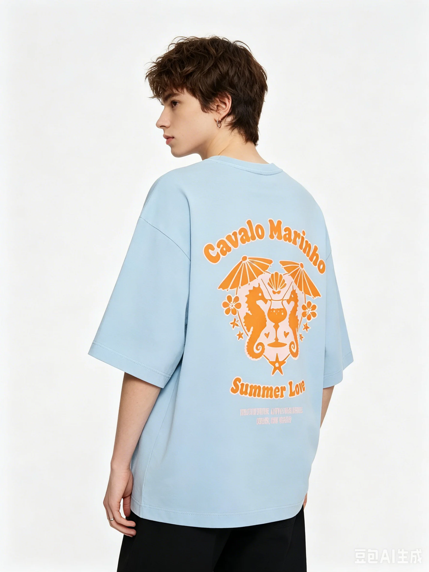 Sweet Cavalo Marinho Seahorse Crest Print Oversized Cotton T-Shirt Sky Blue High Quality Soft Summer Coastal Vacation Aesthetic