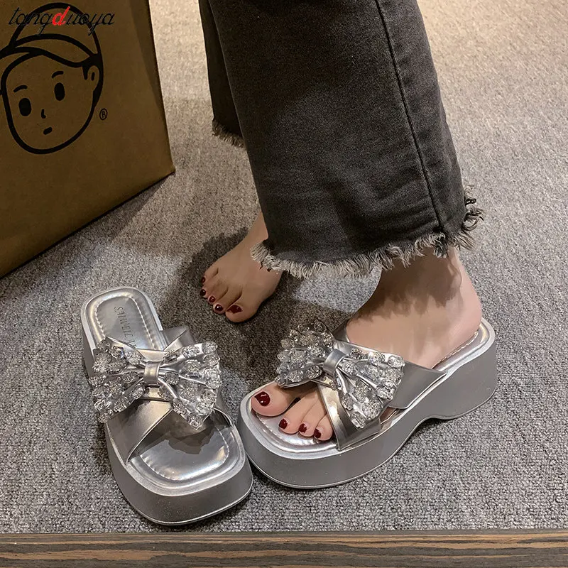 Crystal Bow Women Slippers Luxury silvery Thick Bottom Slippers 2024 Summer Fashion Dress Slingback Sandals Women Trend Slides