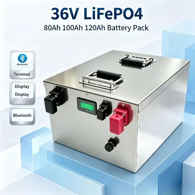 36V 80Ah 100Ah 120Ah LiFePO4 Battery Pack, Metal Case, Dual Handles, Easy Installation, Rechargeable Lithium Battery for Electri