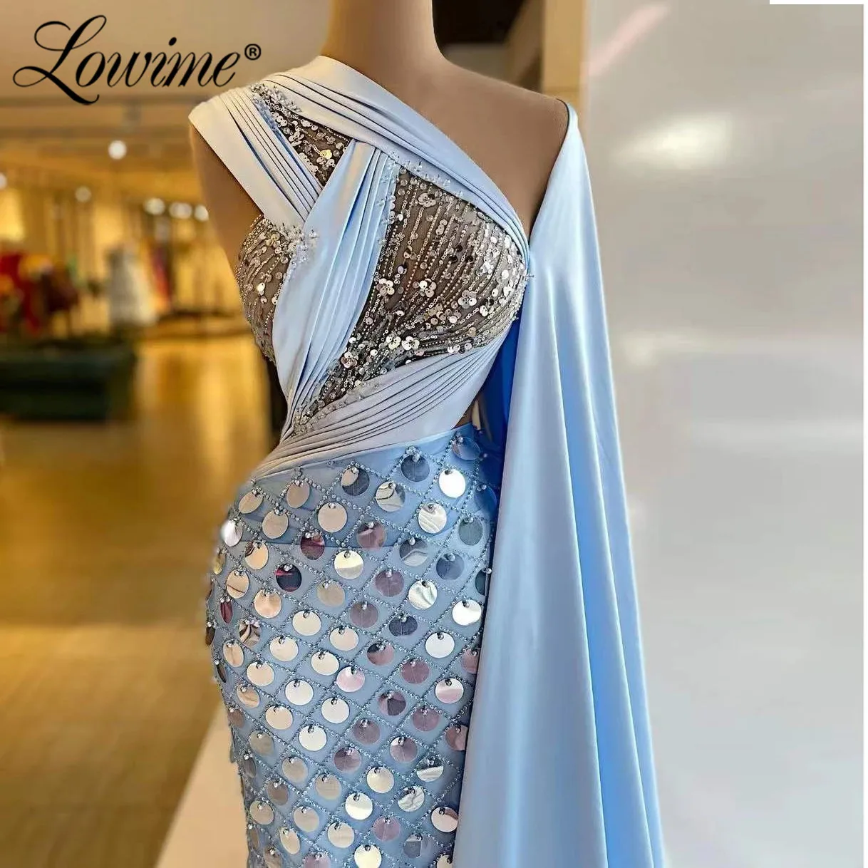 Lowime azul longo vestidos de noite das mulheres capa manga um ombro frisado lantejoulas formal vestido de festa para o casamento 2022 vestidos de baile