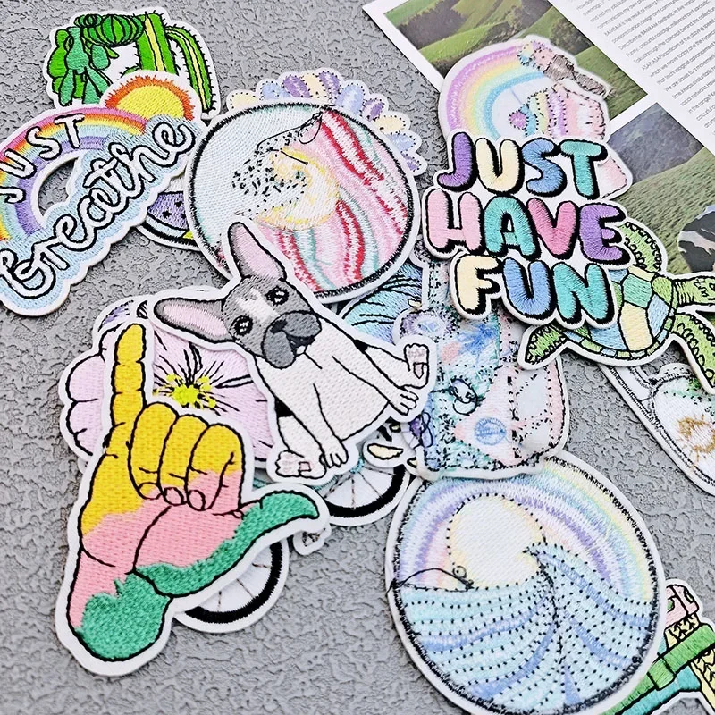 Cartoon Embroidery Patch Waves Rainbow Turtles Iron on Patches Fusible Stickers for Clothes Ironing Badges Bags Hats Accessories