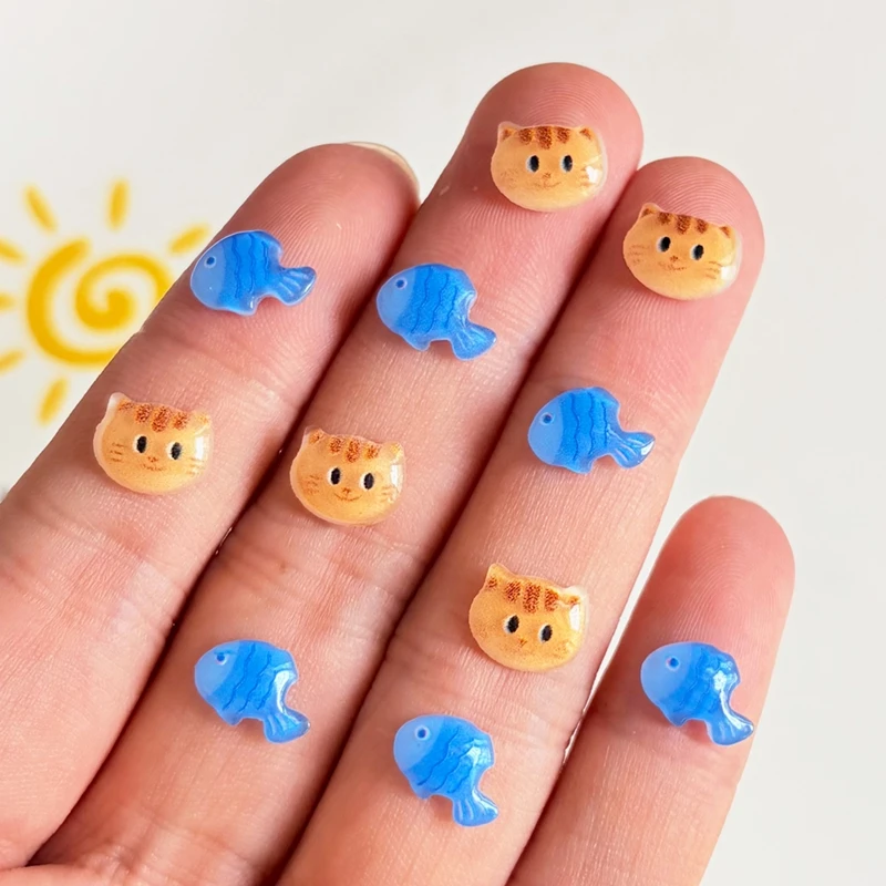 55 cute cartoon cat and fish resin accessories, 3D animal nail art decorations, DIY jewelry crafts A156
