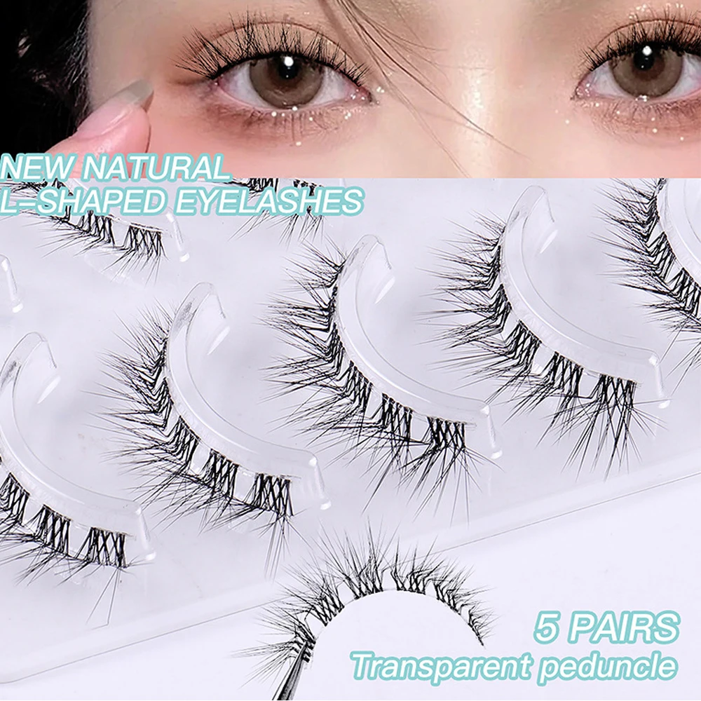 5Pairs 3D Mink Cat Eye Lashes Transparent Stem End Eye Elongated Eyelashes Full Strip L Curl Wispy Volume Fox Eye Lashes Makeup