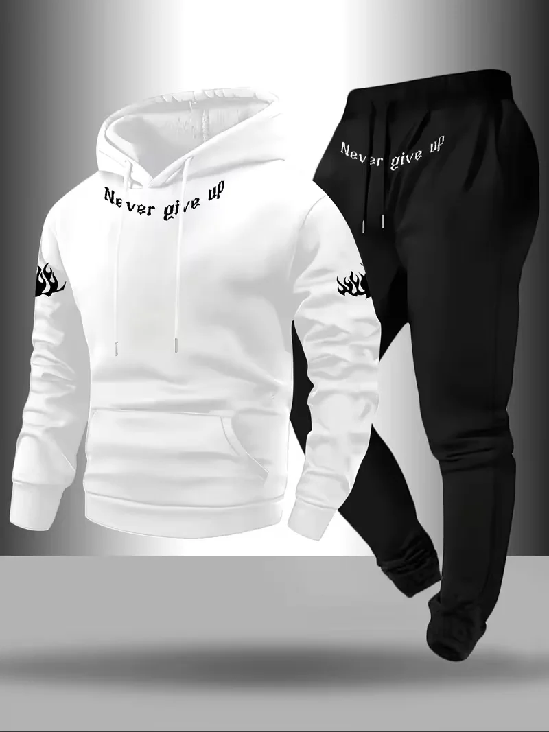 Men's trendy cool personalized hot stamping printed hooded sweatshirt+same style leg binding sweatpants for sports and leisure