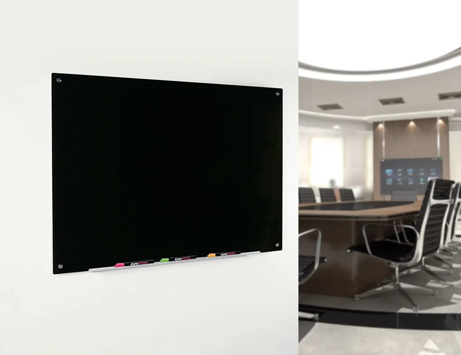 Magnetic Black Glass Dry-Erase Board Set - 45" x 30" - Includes Magnets, Hardware & Marker Tray