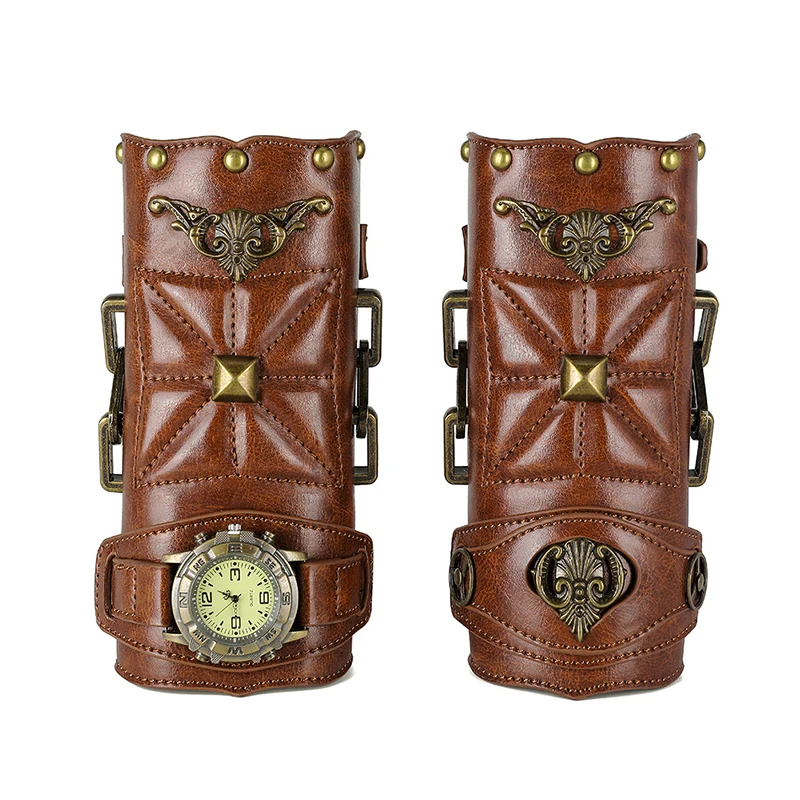 Medieval Steampunk Wrist Watch Knight Bracer Vintage Gothic Band Guard PU Leather Wrister Armor Prop Knight Cosplay Anime Men