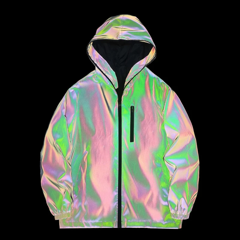 

Colorful Reflective Hooded Windbreaker Unisex Fashion Outdoor Safety Coat Cycling Jogging Hip Hop Streetwear Performance