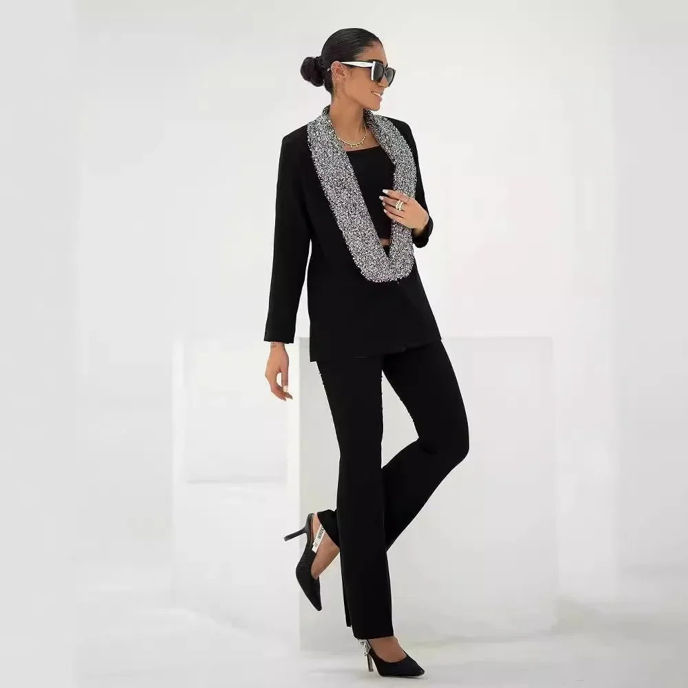 TWOTWINSTYLE Solid Spliced Diamonds Slimming Blazers for Women Shawl Collar Long Sleeve Minimalist Cot Female Fashion