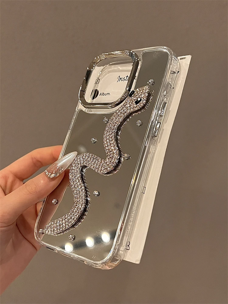 Luxury Glitter Diamond Mirror Phone Case For iPhone 16 14 13 12 11 15 Plus + Rhinestone Snake High Quality For iPhone16Pro Cover