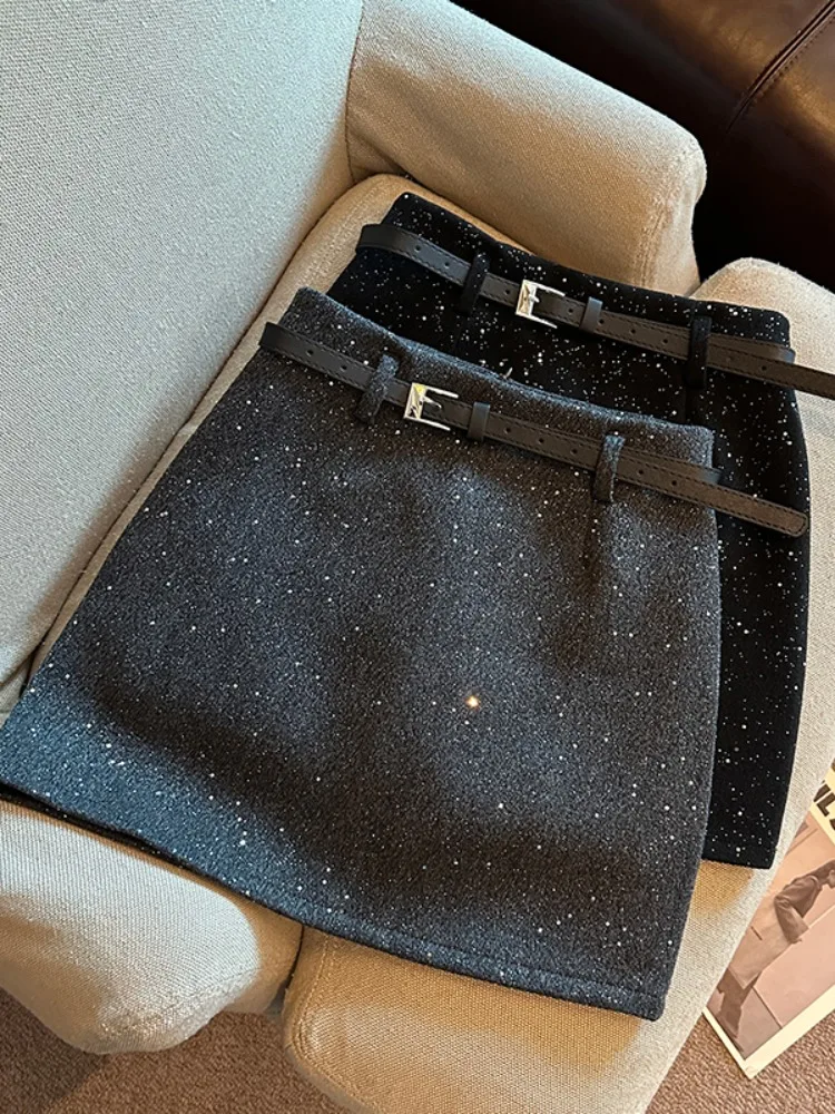 

Gray Polka Dot Wooden Woolen A-Line High Waist Short Skirt Women's Autumn Winter New Style Sexy Lady Personality Short S...