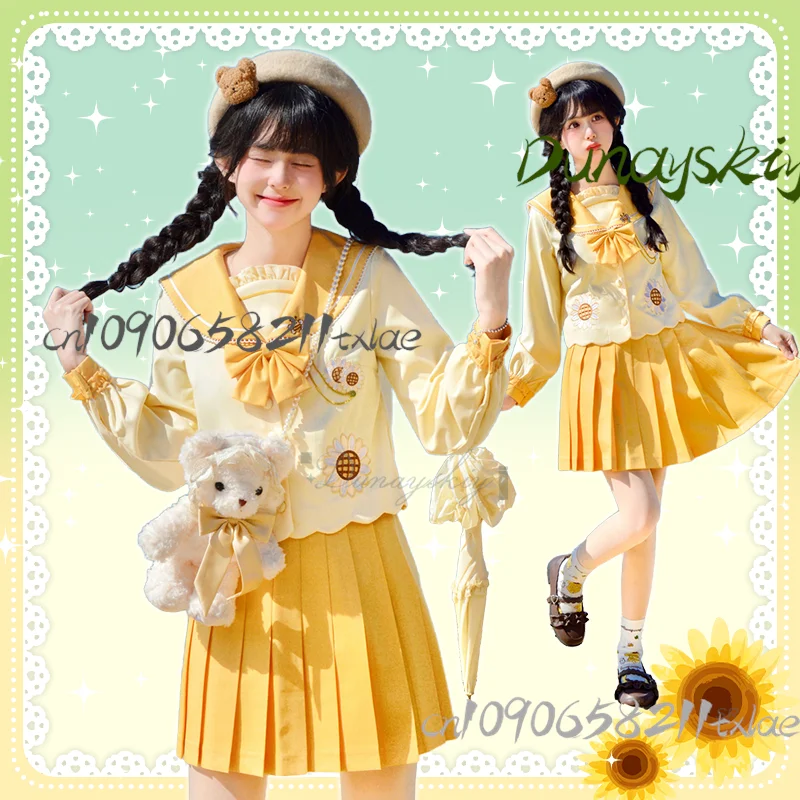 

2024 Подсолнух, матросский костюм JK, школьная форма, кремово-желтый топ, плиссированная юбка, галстук-бабочка, милая одежда, костюм на Хэллоуин для девочек, новинка