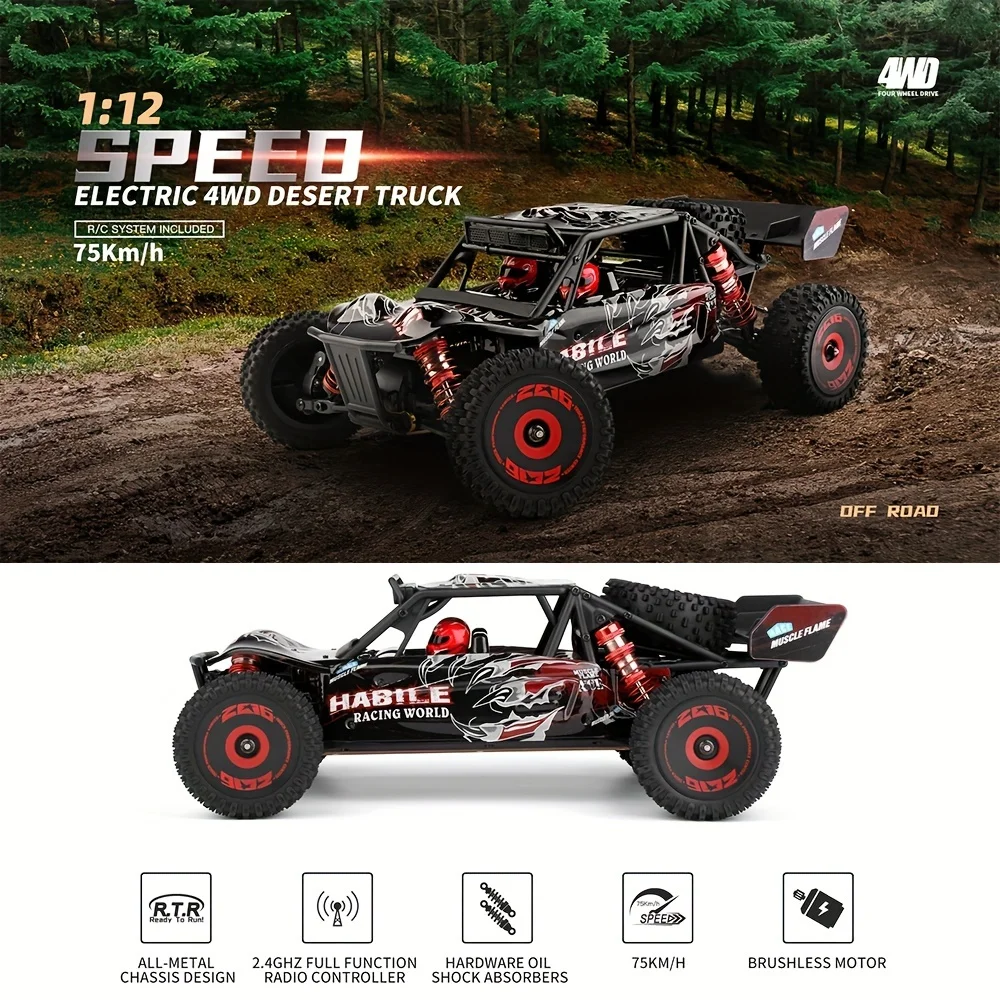 WLtoys 124016 V8 75km/h Fast RC Car 1/12 Brushless RC Car with Independent ESC Off-Road Remote Control Drift Outdoors and Gifts