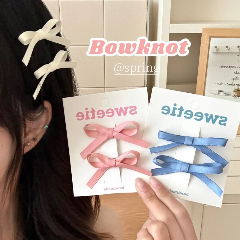 

Korean Style 2Pcs Satin Bow Hair Clips Solid Color Bowknot Hairpins for Women Girls Sweet Daily Hair Accessories