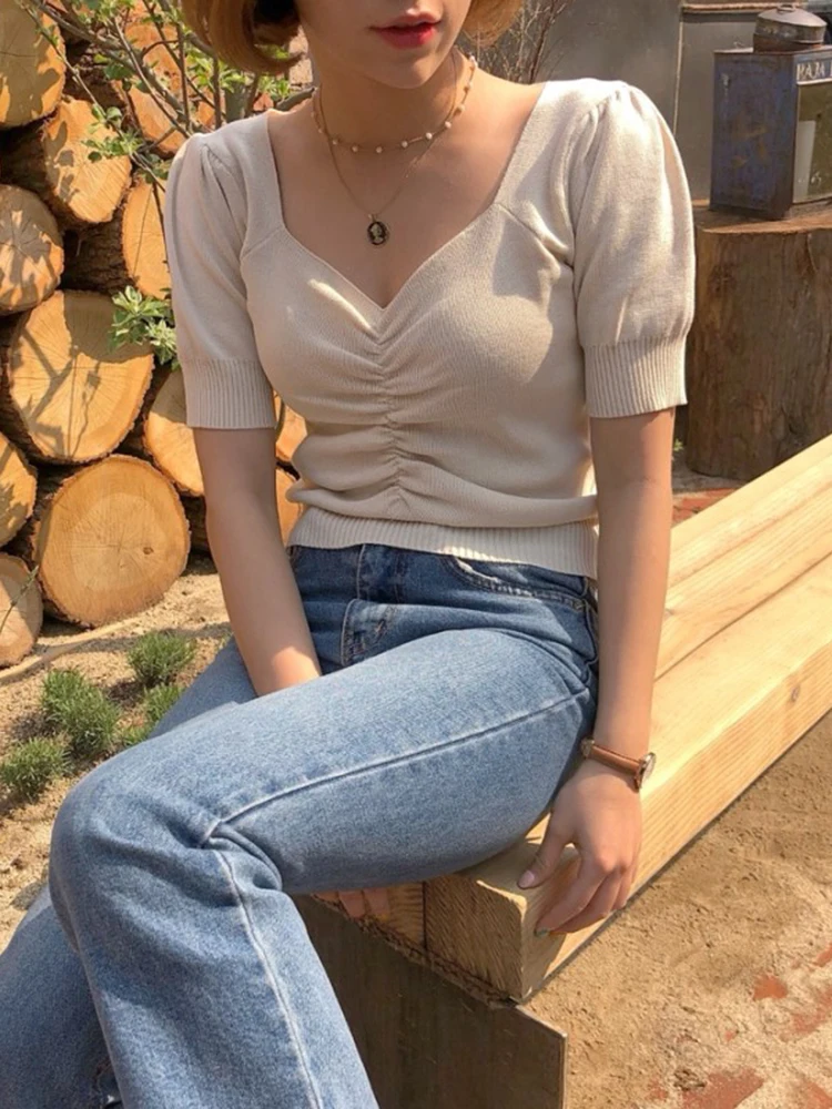 JMPRS-Camiseta corta de punto para mujer, camisetas de manga corta abullonadas con cuello cuadrado a la moda, Tops cortos informales de color liso