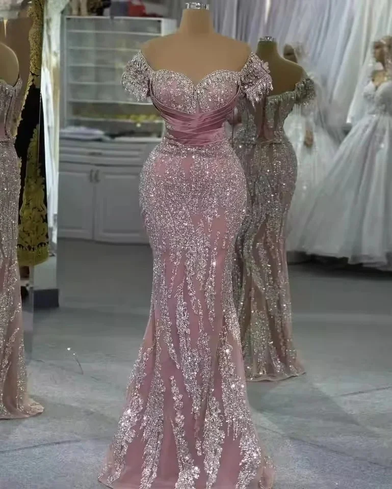Glitzernde rosa lange Ballkleider mit Herzausschnitt und Perlenverzierung, Saudi-Arabien, Dubai, Robe De Soiree, orientalische Abendkleider, maßgeschneidert