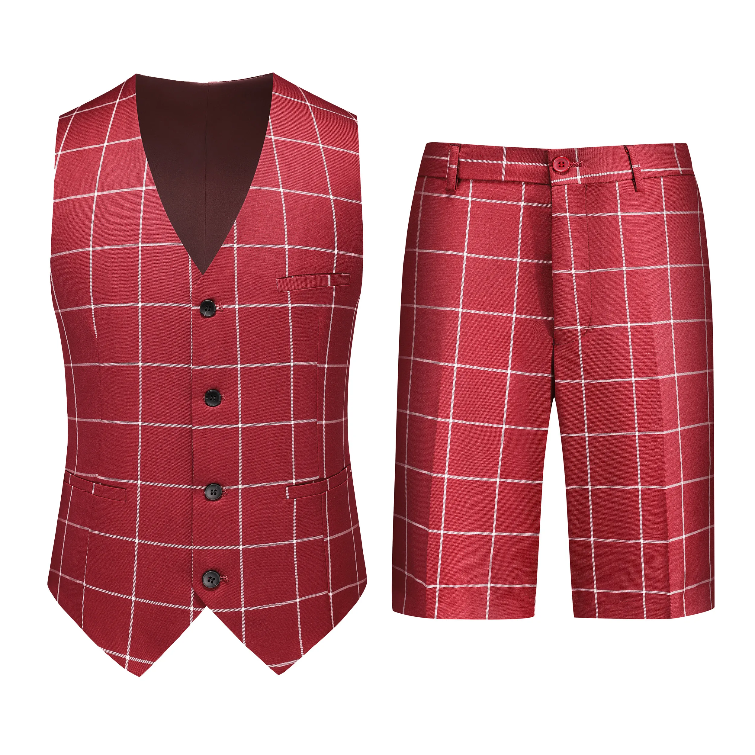 

Spring and summer lightweight four-season party and wedding checked men's two-piece suit shorts jacket wine red