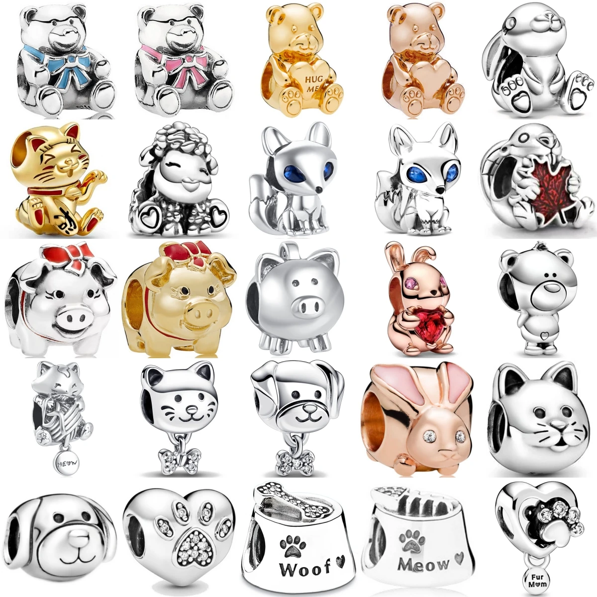 925 Sterling Silver Heart Charms Bear Pig Cat Fox Bone Pendant DIY Jewelry Making For Women Gift Fashion Accessories