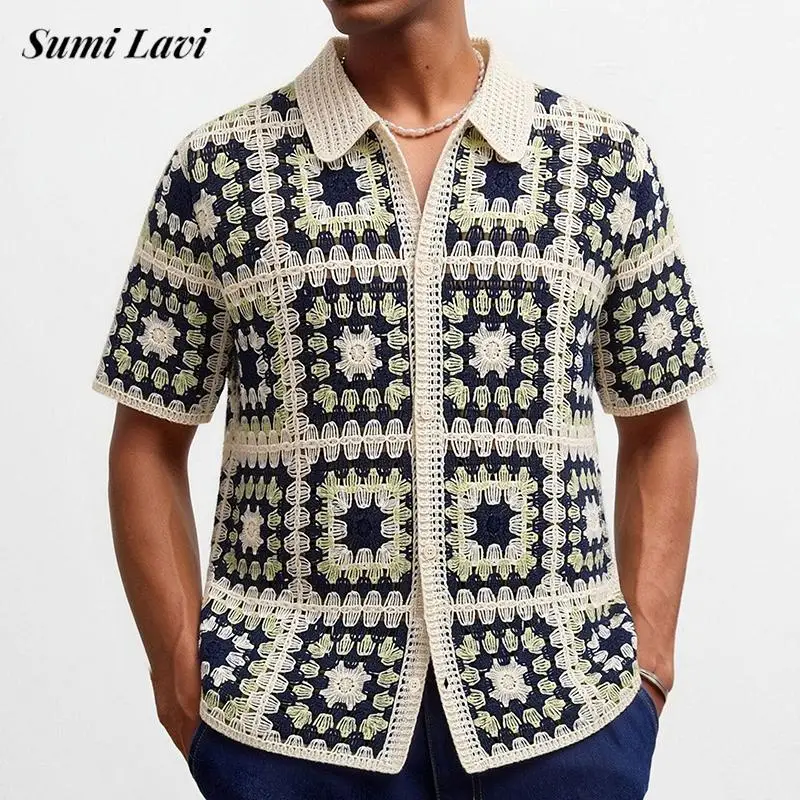 Daily Leisure Holllow Out Knit Shirt Tops Mens Summer Knitted Holllow Out Shirts Vintage Crochet Loose Fit Short Sleeve Cardigan