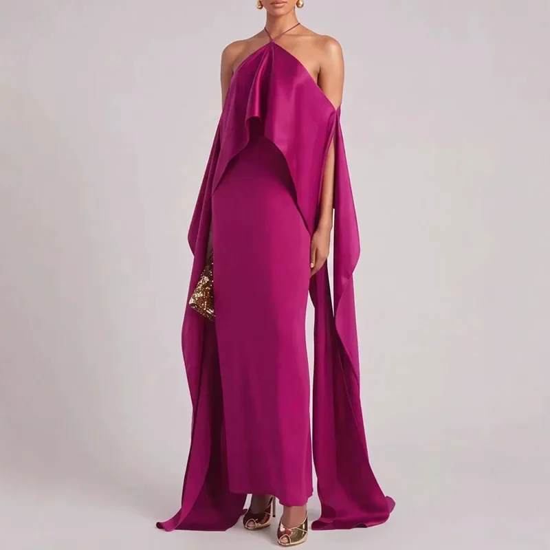Women Halter Satin Mermaid Maxi Dress Draped Flowing Cape Sleeve Floor Length Formal Evening Gown Wedding Guest Prom Party Dress