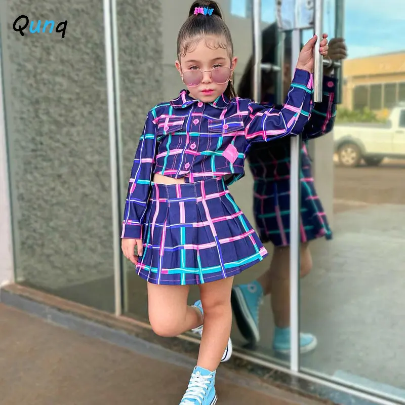 Qunq 2023 Summer New Girls Turn-Down Collar Plaid Long Sleeveless Top + Pleated Skirt 2 Pieces Set Casual Kids Clothes Age 3T-8T