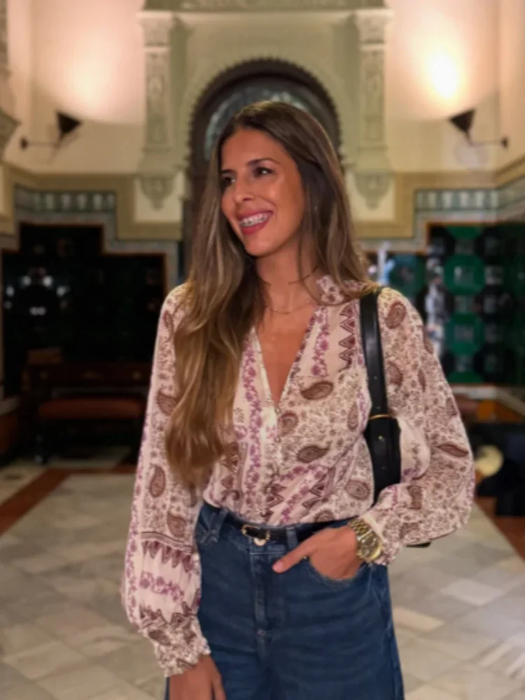 

Женская повседневная рубашка с цветочным принтом, глубоким V-образным вырезом, длинными рукавами, на пуговицах, тонкая, элегантная, для ежедневных поездок на работу, модель 2026 года