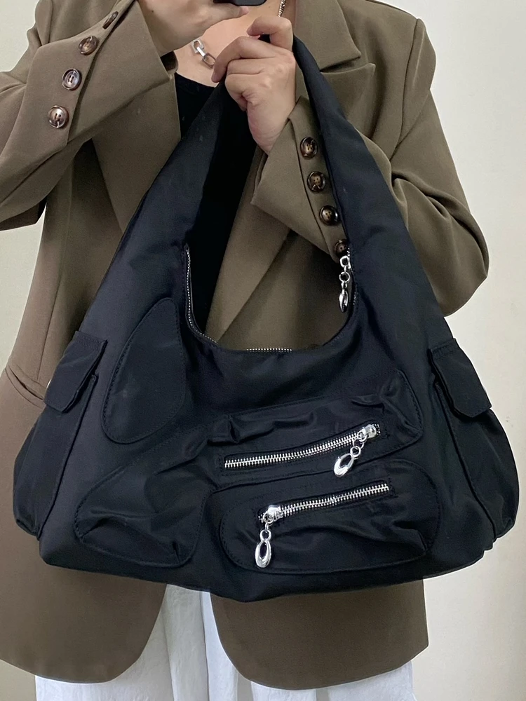 

American Fashion Irregular Nylon Cloth Shoulder Bag With Multiple Metal Bag Openings And Personalized Women Bag Decoration Trend