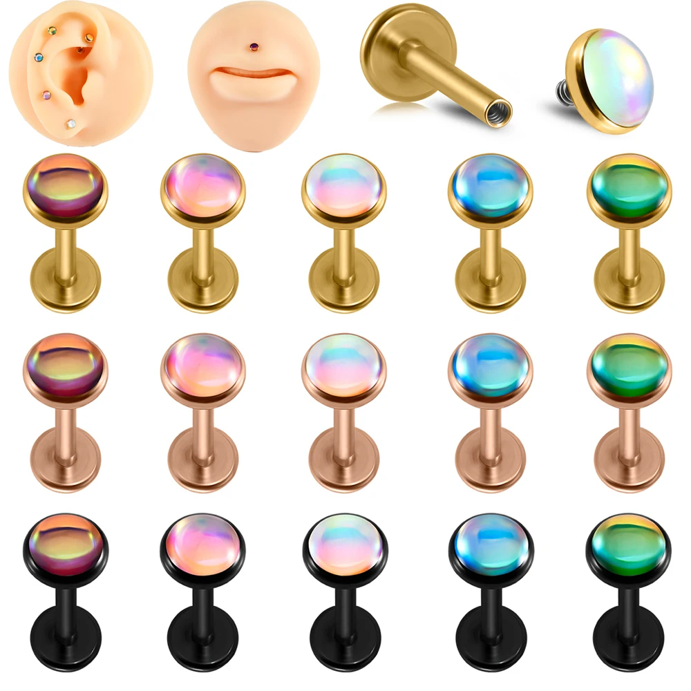 1PC Surgical Steel Flash Film Black Gold Plated Labret Flat Base Earring Epoxy Ear Lobe Helix Tragus Piercing Jewelry