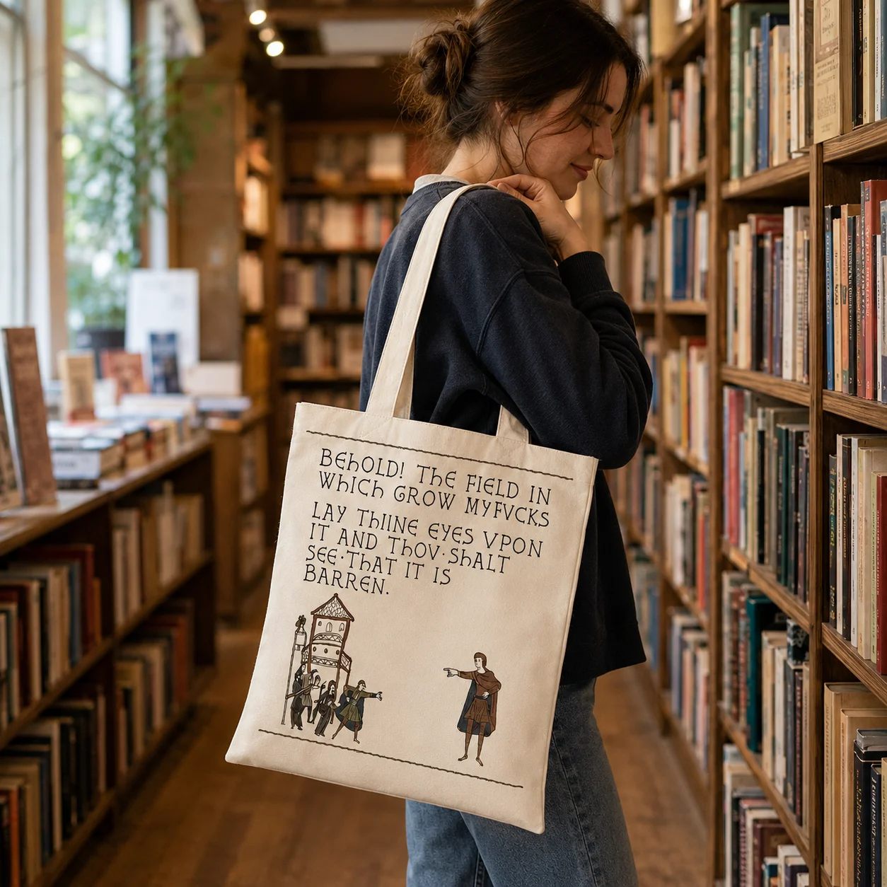 Funny Medieval Meme Canvas Tote Bag Vintage Manuscript Cartoon Print Shoulder Bag Humorous Reusable Shopping Purse