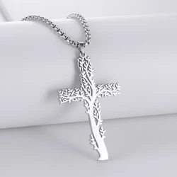 Collana con albero della vita con croce cristiana di Gesù per donne e uomini, catena in acciaio inossidabile, ciondolo con fede religiosa, regalo di gioielli di compleanno