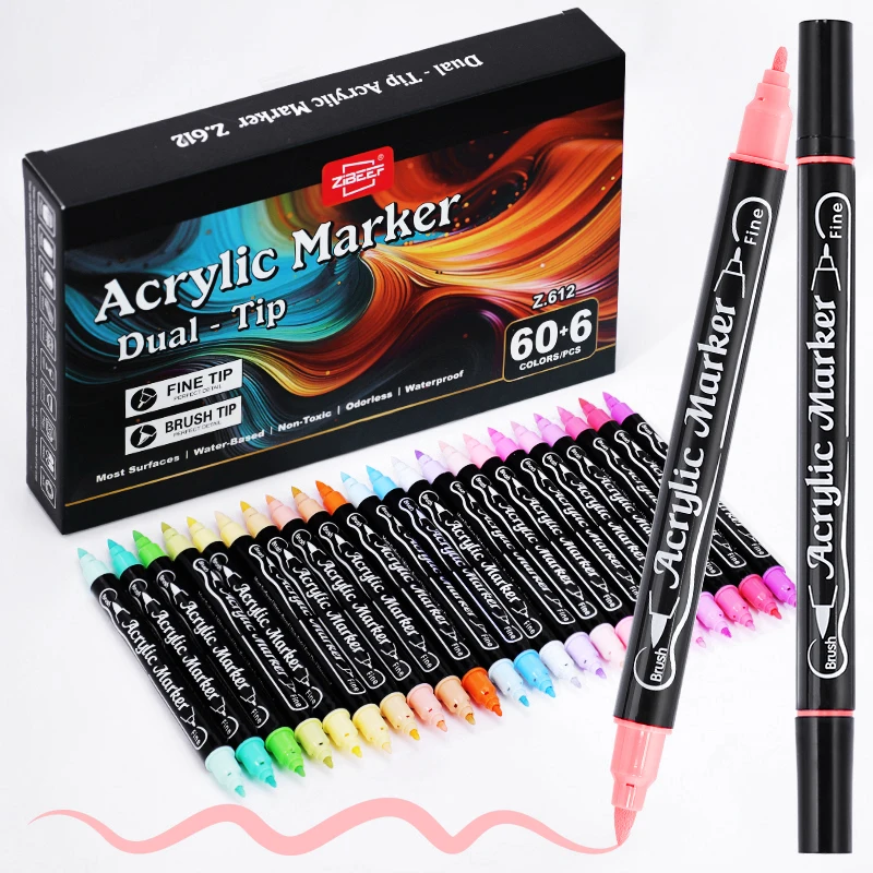 New 66 Colors Double Nib Opaque color Acrylic Marker Pen Waterproof Pens Soft Brush Nib Art Markers School Supplies Stationery