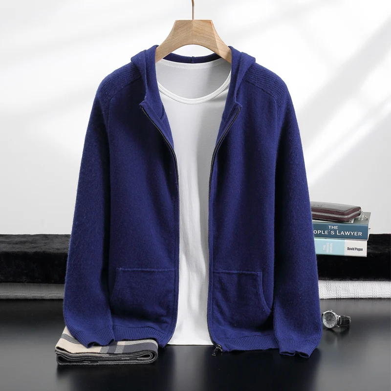 New 100% Cashmere Suit For Men Knitted Hooded Cardigan And Jogger Pants Two-Piece Set Thickened Casual Comfortable Sports Suit view 4
