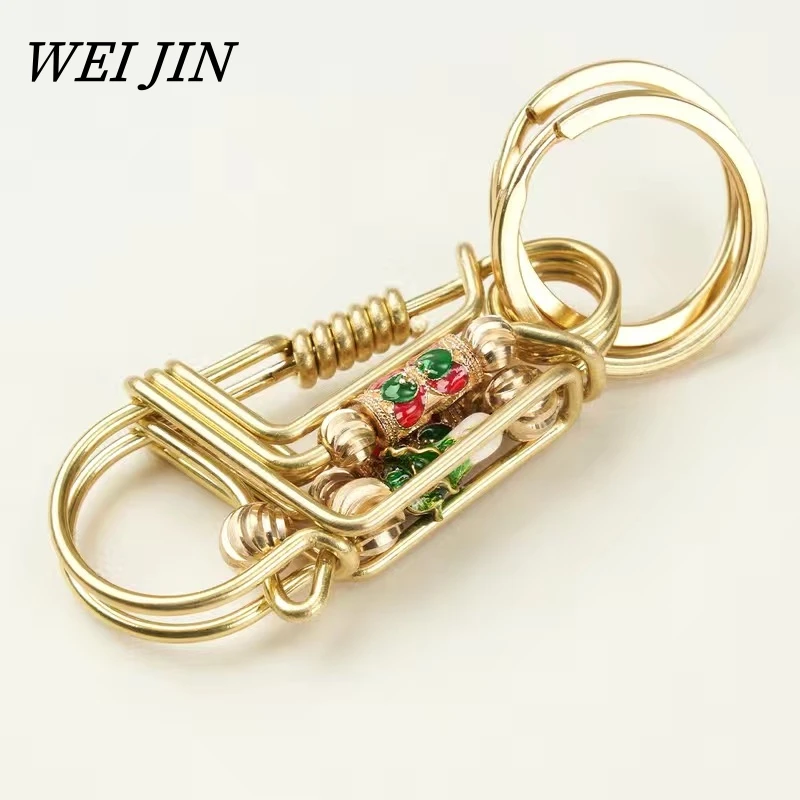 Handmade Brass Keychains ,3 Layers Copper Wire Car Key Ring, Engraved Cabbage Round Bead, Outdoor Mechanical Style Men Trinket