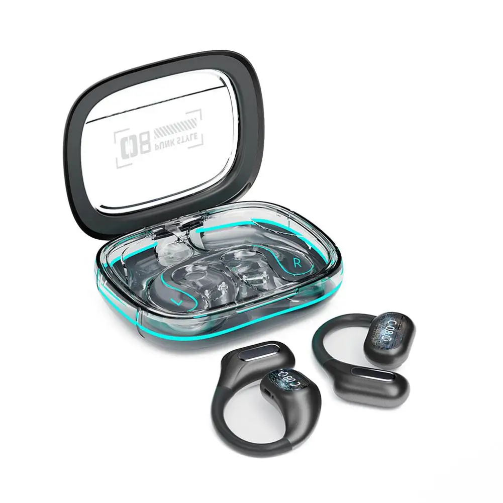 Écouteurs Bluetooth sans fil avec clips d'oreille et crochets d'oreille, suppression du bruit, casque de sport, couvercle transparent, écouteurs de course