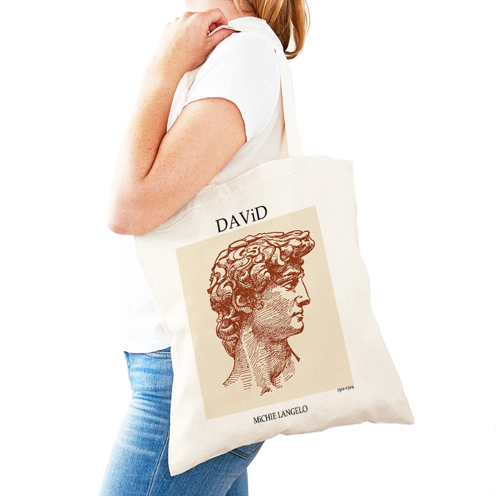 Vintage David Milo Athena Statue Women Shopping Bags Double Print Canvas Casual Travel Tote Handbag Supermarket Lady Shopper Bag