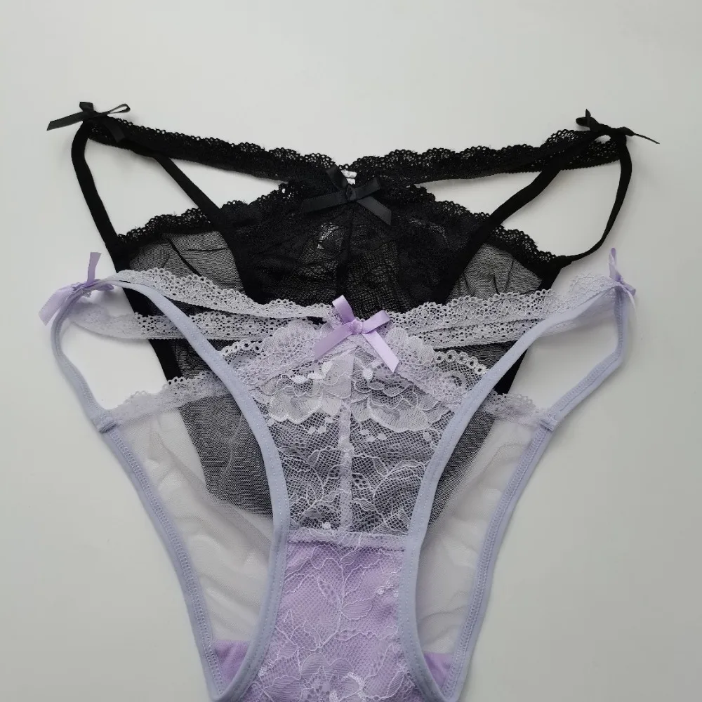 Lingerie Bow Lace Flower Panties Transparent Mid Waist Lace Mesh Briefs Seamless Hollow French Style Briefs Lady