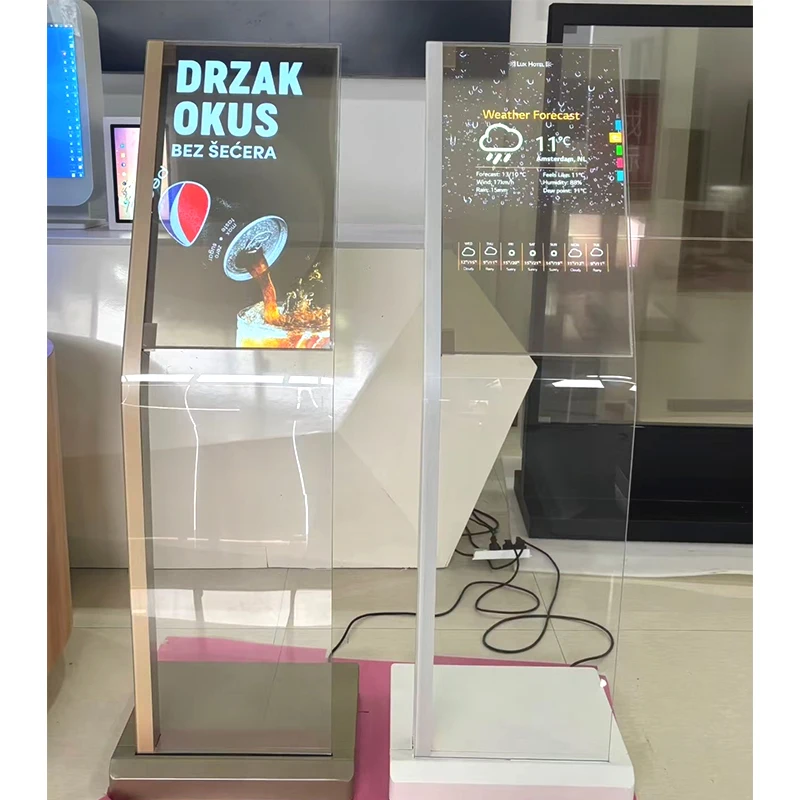 55 Inch Transparent OLED Touch Screen Display Ultra Thin Floor Standing for Retail Store and Elevator Wayfinding