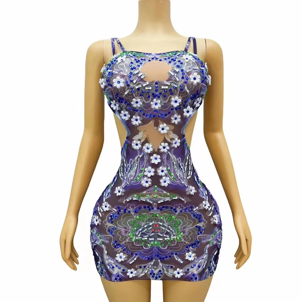 Sexy Stage Blue Rhinestones Birthday Celebrate Flower Backless Dress Summer Graduation Outfit Party Singer Collection Costume