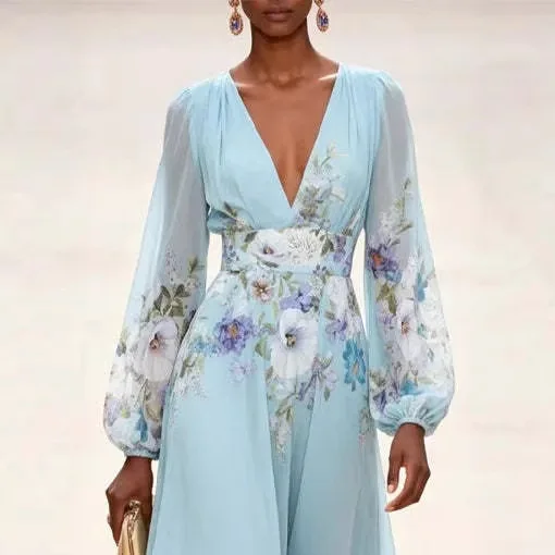 Spring Summer Women's Sheer Long Sleeve Digital Floral Print Maxi Dress Elegant Dresses Evening Outfit Blouse Top - view 3