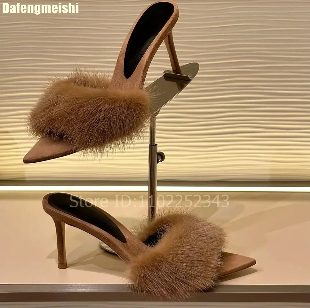 

Шлепанцы-мюли из норкового меха с острым носком на шпильке, летние женские модные сандалии с открытым носком, на высоком каблуке, замшевые, на меховой подкладке, 2026