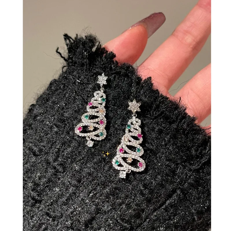 New Full Inlaid Colorful Zircon Christmas Tree Tassel Earrings Women's Fashion Personality Earrings Party Jewelry Christmas Gift