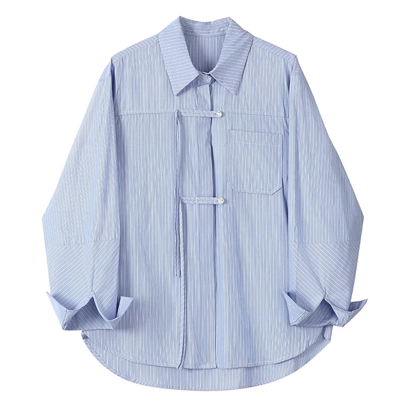

French Shirt Blue Striped Long Sleeve Loose Retro Design for Women Casual Style