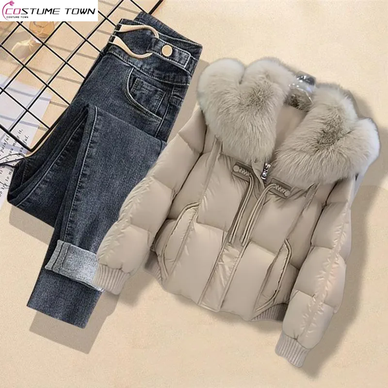 

Autumn/Winter Korean Edition New Women's Thick Cotton Jacket+Slim Fashion Jeans Two Piece Set