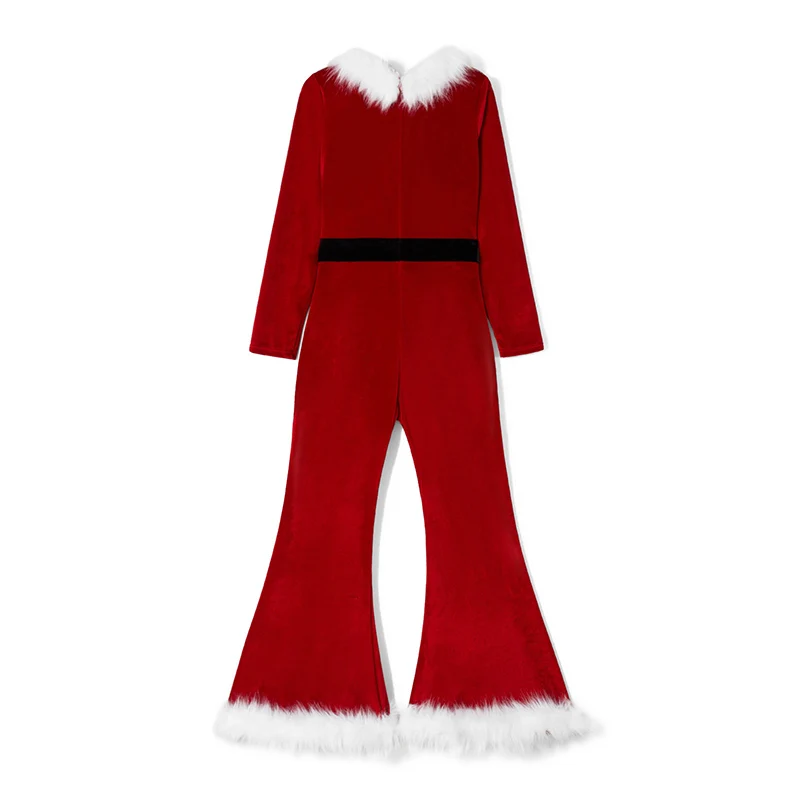 Women Red Christmas Costumes Cute Long Sleeve Flared Jumpsuit and Santa Hat Set for Cosplay Role-Playing Party Outfits