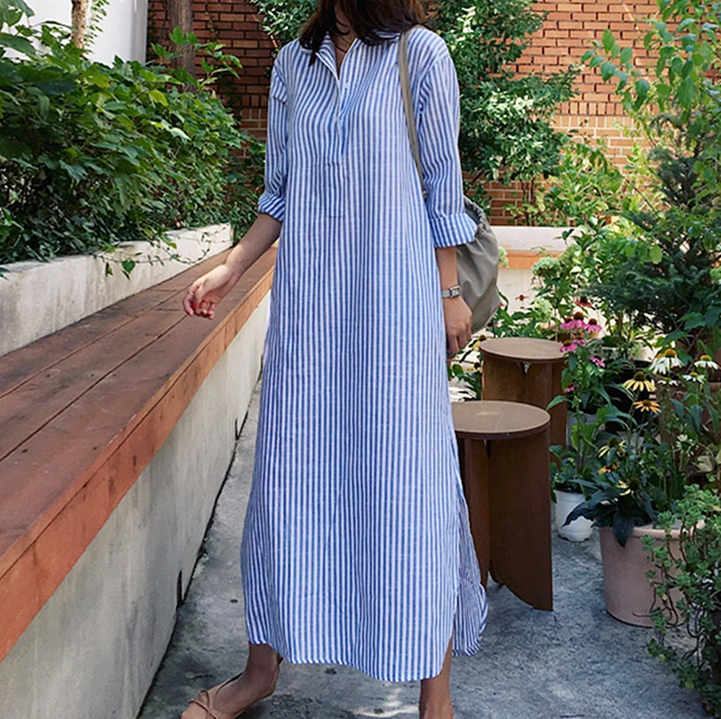 Bleu blanc rayé taille cintrée irt Dr femmes ample longue coton coréen Sle col de trajet t-shirt bouton Long Sle...