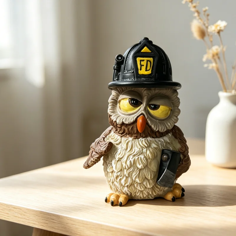 1pc FD Firefighter Owl Resin Statue Home Decor