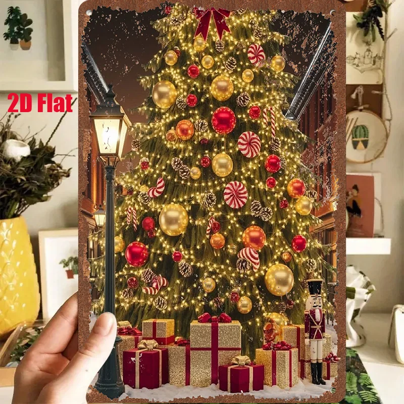 2D Flat - A 1pc 2D [Flat] Metal Sign Measuring 8X12 Inches / 20X30 Cm Features a Beautifully Decorated Christmas Tree Adorned wi