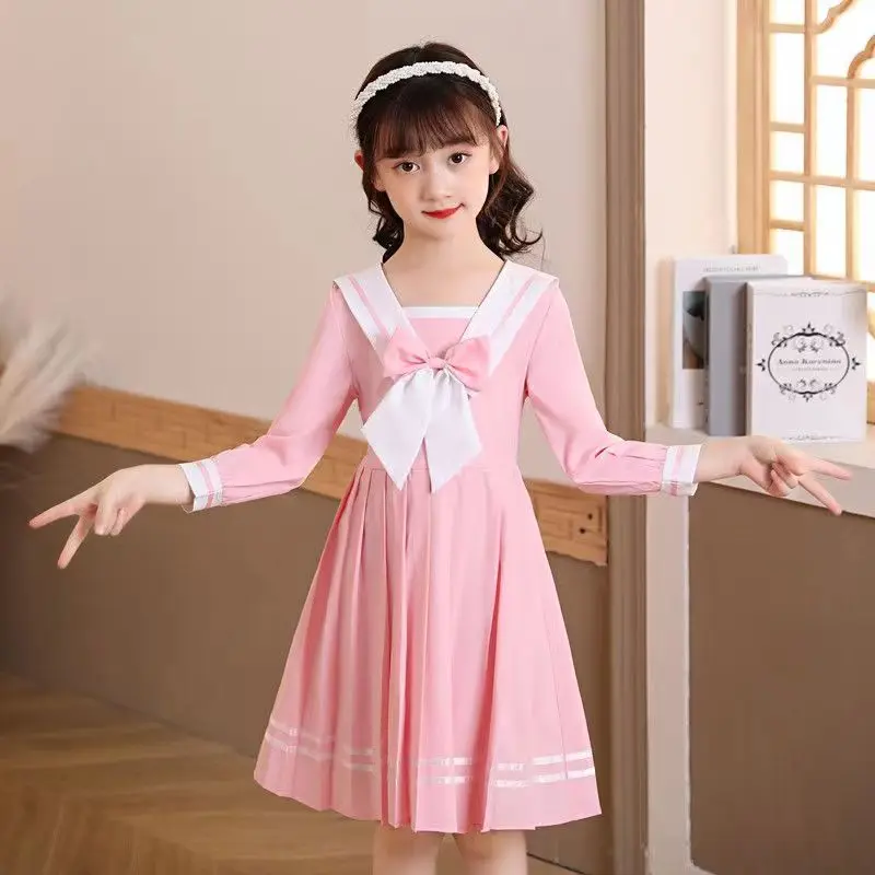 

4 6 8 10 12 Spring Autumn Girls' Dress Navy Collar JK Uniform Long Sleeve Student School Dress Baby Kids Children's Clothing