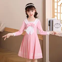 4 6 8 10 12 Spring Autumn Girls' Dress Navy Collar JK Uniform Long Sleeve Student School Dress Baby Kids Children's Clothing