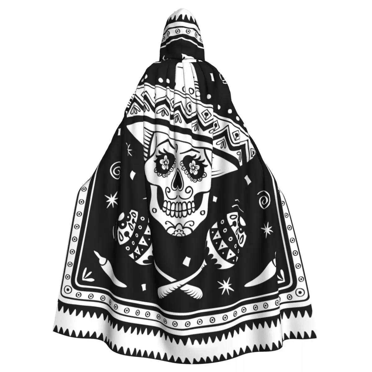 

Adult Halloween Mexican Sugar Skull Cape Hooded Medieval Costume Full Length Dress Coat