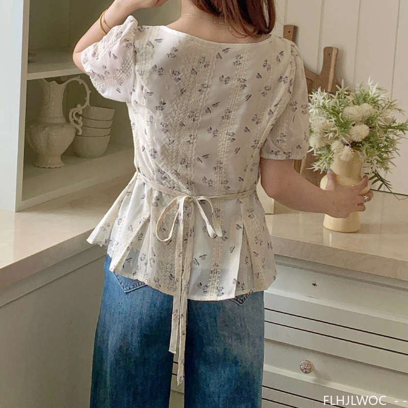 Mince Transparent à lacets blanc dentelle ventre Peplum hauts mignon doux japon filles rétro Vintage taille mince Chic Y2K Design Blouses